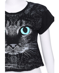 Romwe Cat Face Print Crop Short Sleeved Black T Shirt