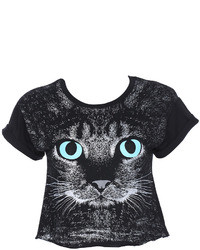 Romwe Cat Face Print Crop Short Sleeved Black T Shirt