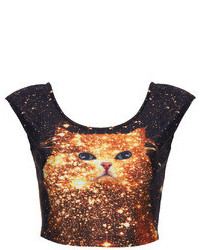 Romwe Galaxy Cat Print Sleeveless Black T Shirt