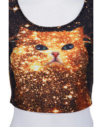 Romwe Galaxy Cat Print Sleeveless Black T Shirt