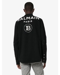 Balmain Logo Printed Distressed Denim Shirt