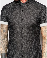 Asos Brand Skinny Denim Shirt With Paisley Print In Short Sleeve