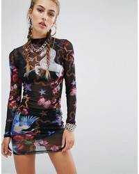 Jaded London Sheer High Neck Mini Boydcon Dress In Unicorn Print