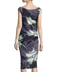 Versace Tropical Print Ruched Jersey Dress