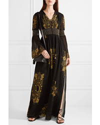 Rachel Zoe Blair Embellished Printed Crinkled Silk Chiffon Gown Black