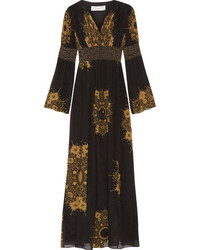 Rachel Zoe Blair Embellished Printed Crinkled Silk Chiffon Gown Black