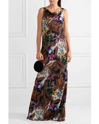 Etro Open Back Printed Silk Crepe Gown Brown