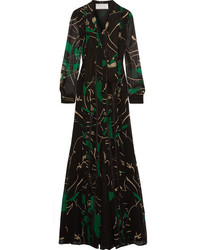 Valentino Panther Pussy Bow Lace Trimmed Printed Silk Chiffon Gown Black