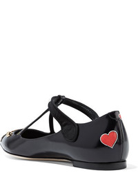 Dolce & Gabbana Embellished Printed Glossed Leather Point Toe Flats Black
