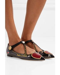 Dolce & Gabbana Embellished Printed Glossed Leather Point Toe Flats Black