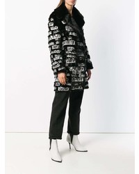 Moschino Safety Pin Slogan Patched Faux Fur Coat