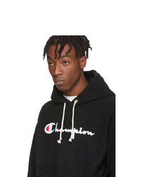 Champion Reverse Weave Black Sherpa Big Script Logo Hoodie