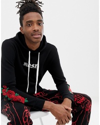 YOURTURN Hoodie In Black With Rose Embroidery On Sleeves