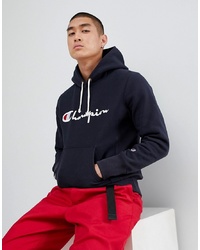 Champion Reverse Weave Hoodie With Large Script Logo In Navy