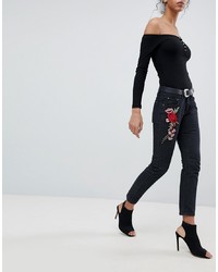 Liquor N Poker Boyfriend Jean With Stepped Hem And Rose Embroidery