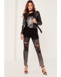 Missguided Black High Rise Shredded Knee Holographic Coated Mom Jeans