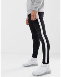 ASOS DESIGN Super Skinny In Black With White Sidestripe And Knee Rips