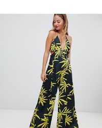 Asos Petite Asos Design Petite Jumpsuit With Cut Out Detail And Super Wide Leg In Tropical Print