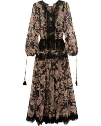 Zimmermann Good Times Lace Paneled Printed Silk Georgette Dress Black