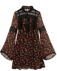 Anna Sui Lace Paneled Printed Silk Georgette Mini Dress Black