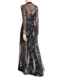 Etro Printed Silk Chiffon Floor Length Dress With Lace