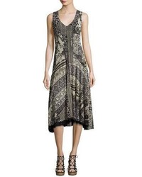Fuzzi Sleeveless Lace Mosaic Print A Line Dress Black Pattern