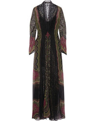 Etro Lace Paneled Printed Crinkled Silk Gown Black