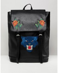 ASOS DESIGN Backpack In Faux Leather In Black With Flower And Tiger Embroidery