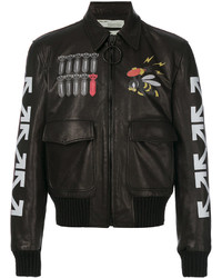 Black Print Leather Bomber Jacket