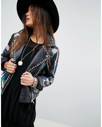 Asos Premium Leather Jacket With Tattoo Rose Print And Studs