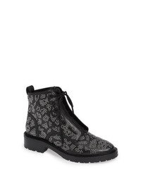 Black Print Leather Lace-up Flat Boots