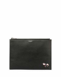 Saint Laurent Flamingo Print Leather Zip Top Pouch Black