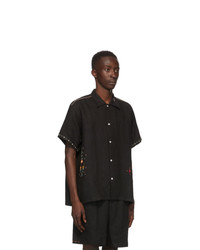 Bode Black Linen Embroidery Short Sleeve Shirt