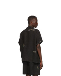 Bode Black Linen Embroidery Short Sleeve Shirt