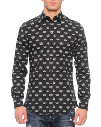 Dolce & Gabbana Allover Crown Print Button Down Shirt Blackwhite