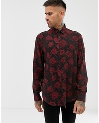 Bershka Shirt In Black With Rose Print In Relaxed Fit