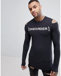 ASOS DESIGN Asos Longline Muscle Long Sleeve Ribbed T Shirt With Disorder Print Sleeve Cut Out