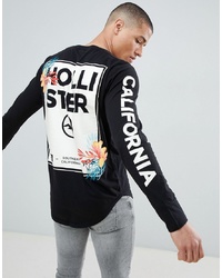 Hollister Colour Change Floral Logo Long Sleeve Top In Black