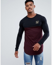 Siksilk Long Sleeve Raglan T Shirt In Black With Burgundy Panel