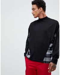 ASOS DESIGN Oversized Long Sleeve T Shirt With Woven Check Panels And Turtle Neck