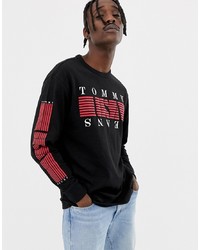 Tommy Jeans Stripe Usa Logo Chest Sleeve Print Long Sleeve Top In Black