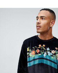 ASOS DESIGN T Sleeve T Shirt In Velour With Floral Print And Chevron Stripe
