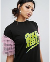 Daisy Street T Shirt Dress With Mesh Sleeve Trim And Rebel Print
