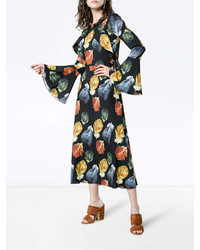 Navro Silk Midi Dress With Feather Print