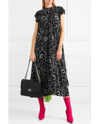 Balenciaga Printed Silk Crepe Midi Dress Black