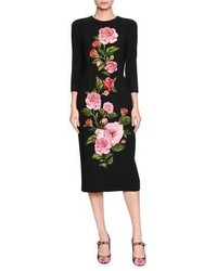 Dolce & Gabbana Rose Print Cady Midi Dress Blackpink