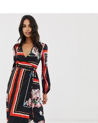 Boohoo Wrap Midi Dress In Mixed Floral And Stripe Print