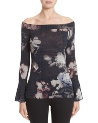 Fuzzi Floral Print Tulle Off The Shoulder Top
