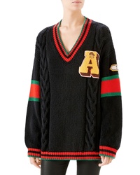 Gucci Cable Knit Wool Varsity Sweater