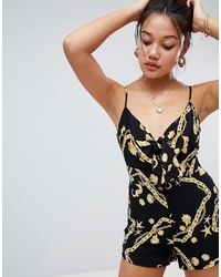 Honey Punch Tie Front Playsuit In Gold Chain Printgold